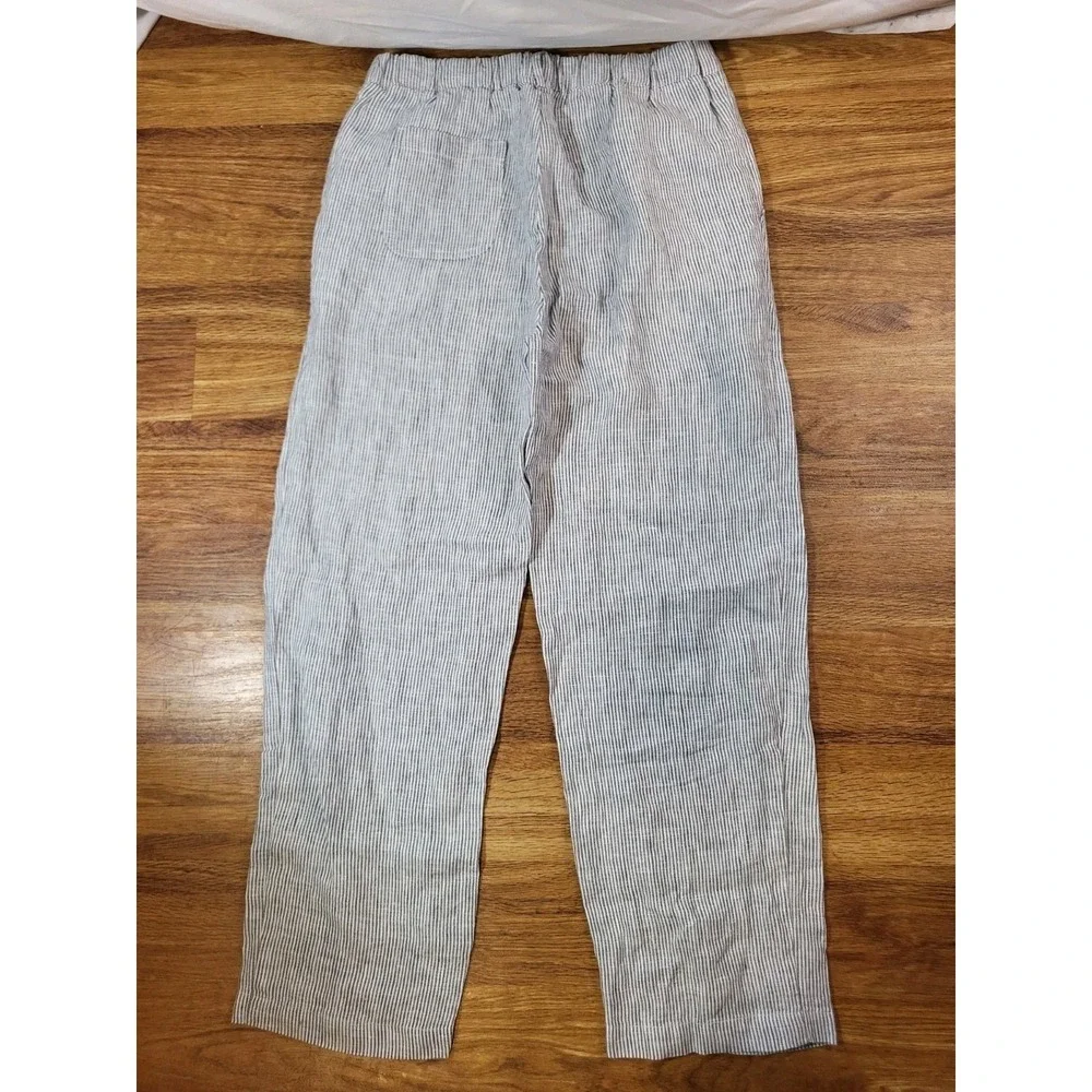 Quince Women XS 100% European Linen Pinstripe Elastic Waist Crop Pant Blue White